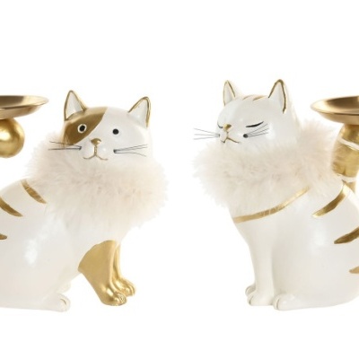 Estatuetas de gatos brancos com detalhes dourados e colar de pelúcia