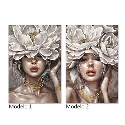 Duas pinturas femininas com flores brancas na cabeça e acessórios dourados.
