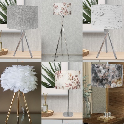 Seis candeeiros com bases e cúpulas de diferentes materiais, padrões e cores numa composição interior.