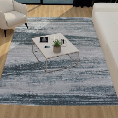 Tapete azul e cinzento em sala com poltrona e sofá brancos