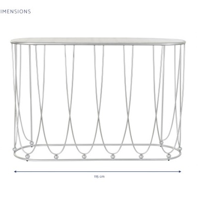 mesa oval branca com estrutura metálica e tampo branco, dimensões indicadas