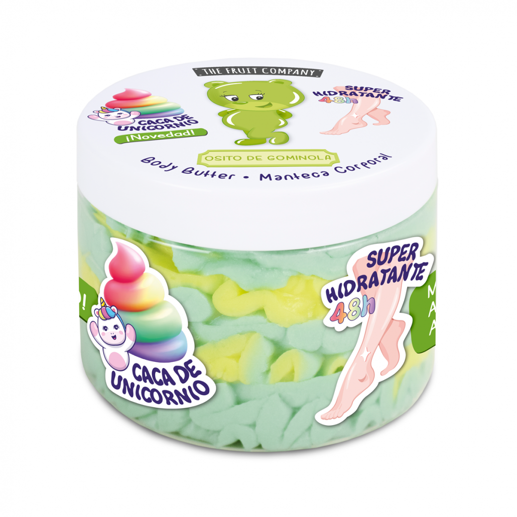 Frasco de manteiga corporal com tampa branca e desenhos coloridos