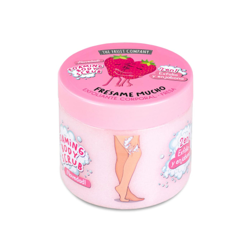 Esfoliante corporal rosa da THE FRUIT COMPANY com ilustração de morangos e texto FRÉSAME MUCHO