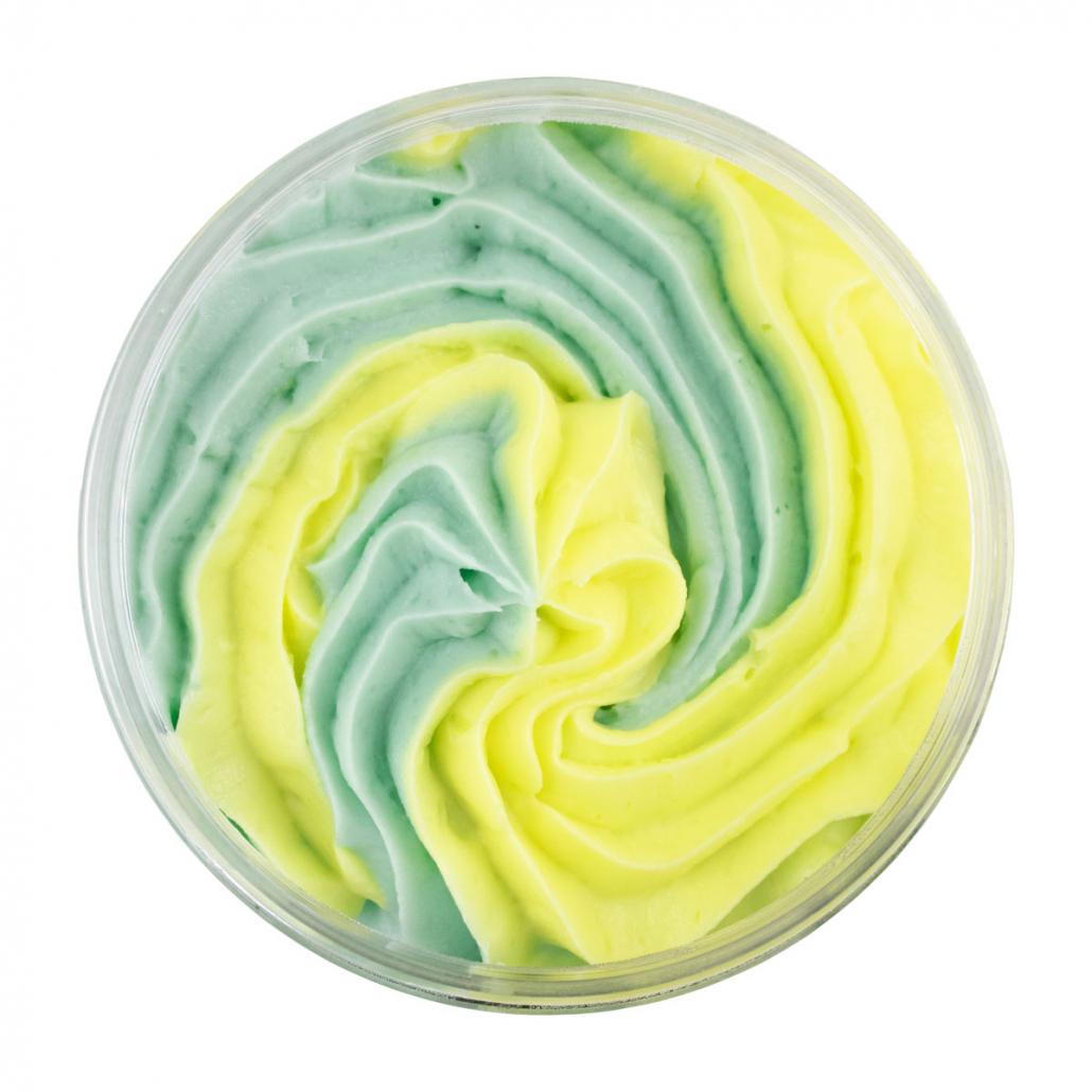 Creme azul-claro e amarelo com textura ondulada num pote transparente