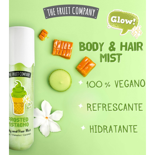 Frasco de Body and Hair Mist Frosted Pistachio da The Fruit Company, com decorativos e texto promocional.