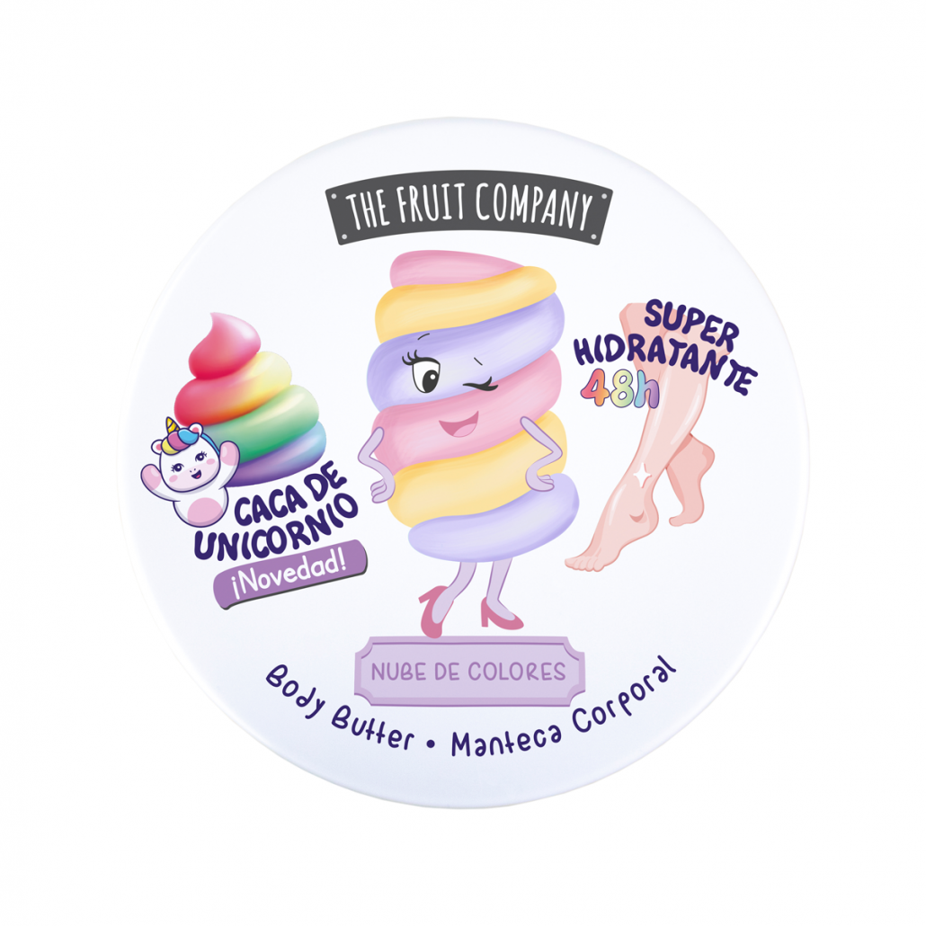 Embalagem branca redonda de manteiga corporal com ilustração colorida e texto em espanhol