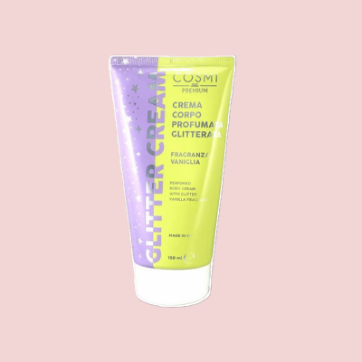 Frasco de creme corporal perfumado com glitter COSMI em amarelo e lilás