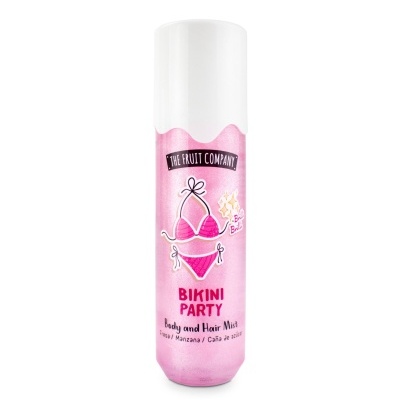 Frasco rosa com tampa branca e texto de body e hair mist