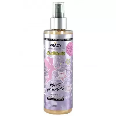 Frasco spray transparente com líquido dourado e rótulo lilás com estrelas e fada rosa