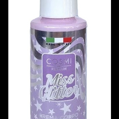 Frasco lilás de creme corporal Miss Glitter com tampa branca e estrelas brancas