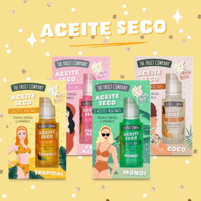 Óleos secos THE FRUIT COMPANY em embalagens coloridas com ilustrações femininas e texto ACEITE SECO