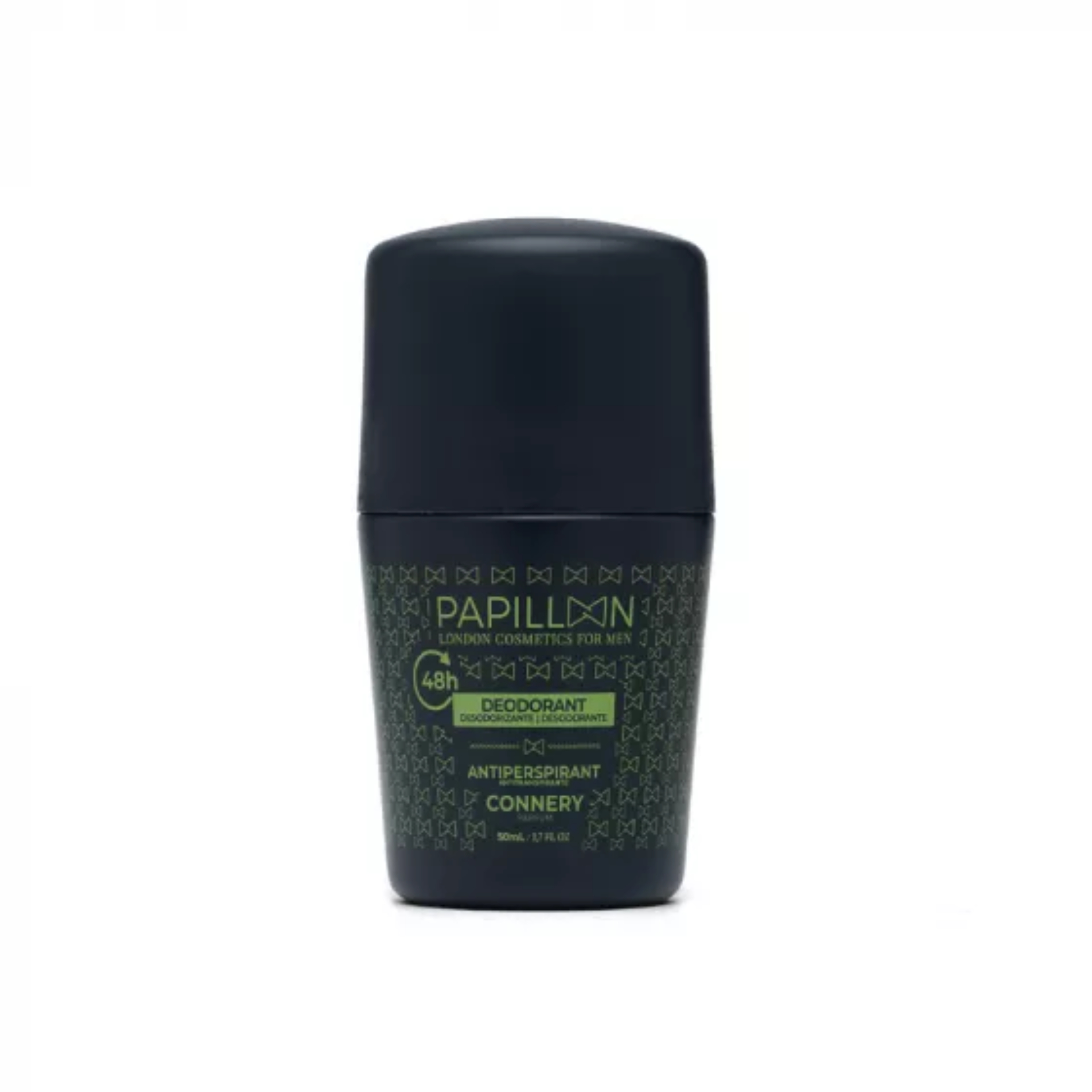 Papillon - Desodorizante Roll On Connery 50mL Desodorizante antitranspirante Papillon preto com texto verde