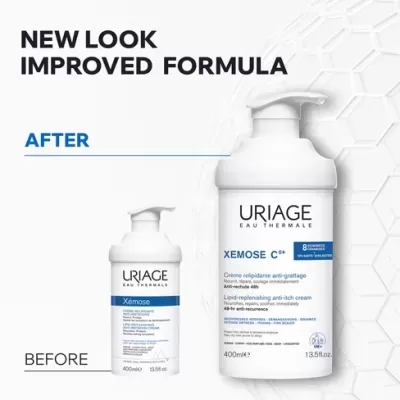 Duas embalagens de creme Uriage Xemose antes e depois, fundo branco