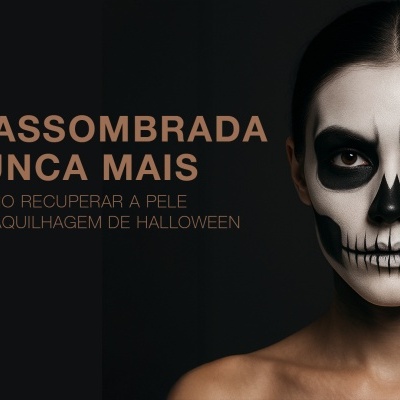 Mulher com maquilhagem de caveira em fundo escuro com texto em português ao lado.
