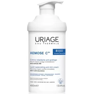 Frasco do creme relipidante anti-prurido Uriage Xemose C8+ branco com texto em azul e preto