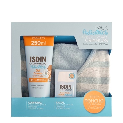Isdin - Pack Isdin - Fotoprotetor Pediatrics Gel-Creme Wet Skin SPF50 + Fusion Water Magic SPF50 + OFERTA Poncho de Praia