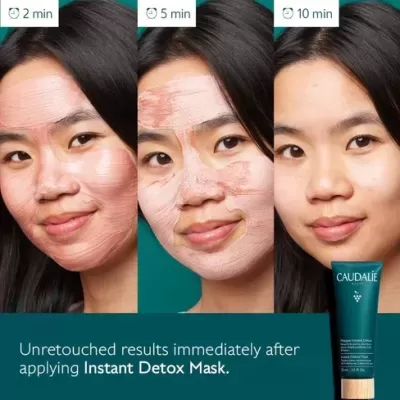 Mulher com máscara rosa no rosto em três fases e tubo de Caudalie Instant Detox Mask