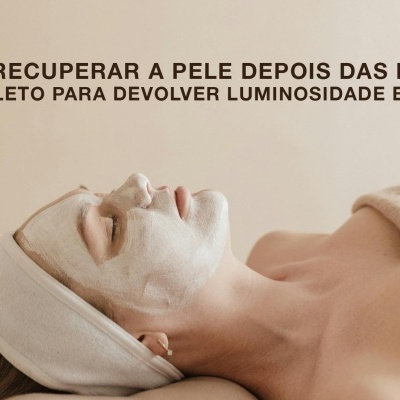 Mulher com máscara facial branca deitada e texto sobre cuidados com a pele após festas