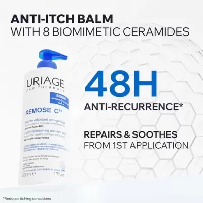 Frasco branco com tampa azul de Bálsamo Anti-Prurido Uriage Xemose C8 com texto sobre ceramidas biomiméticas e 48H anti-recorrência
