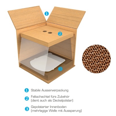 Caixa de cartão dobrável com tampa dupla e interior acolchoado para embalamento, com textura ondulada adjacente.