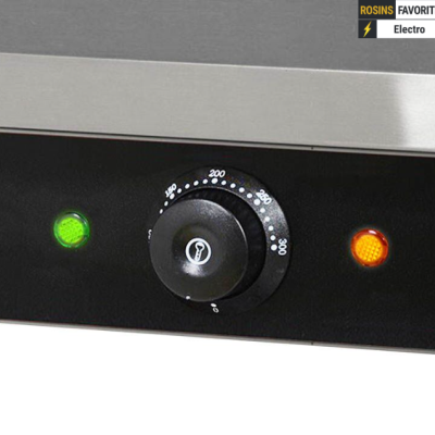 Painel de controlo preto e prateado com botão rotativo e luzes indicadoras verde e laranja