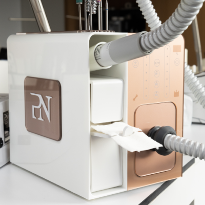 Máquina para cuidados dentários com ferramentas e tubos flexíveis numa bancada