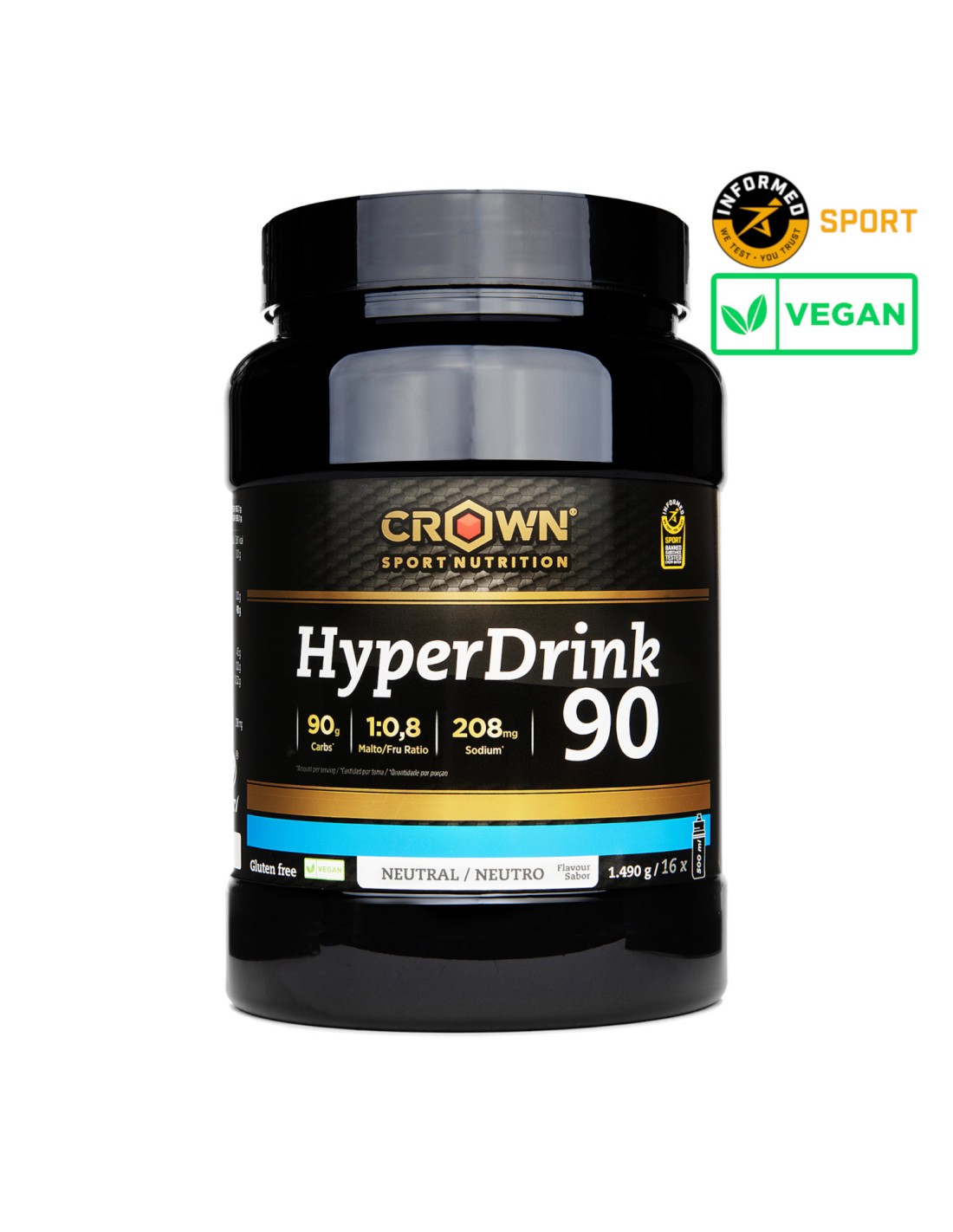 Suplemento alimentar Crown Sport Nutrition HyperDrink 90 em recipiente preto com rótulo preto e dourado