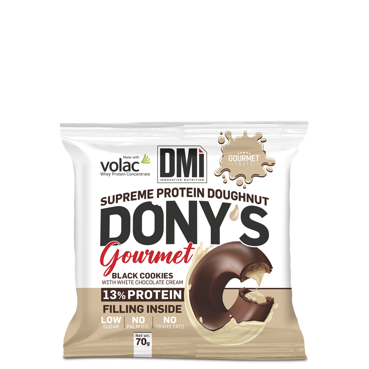 Embalagem de rosquinha proteica DONY'S Gourmet sabor Black Cookies com creme de chocolate branco