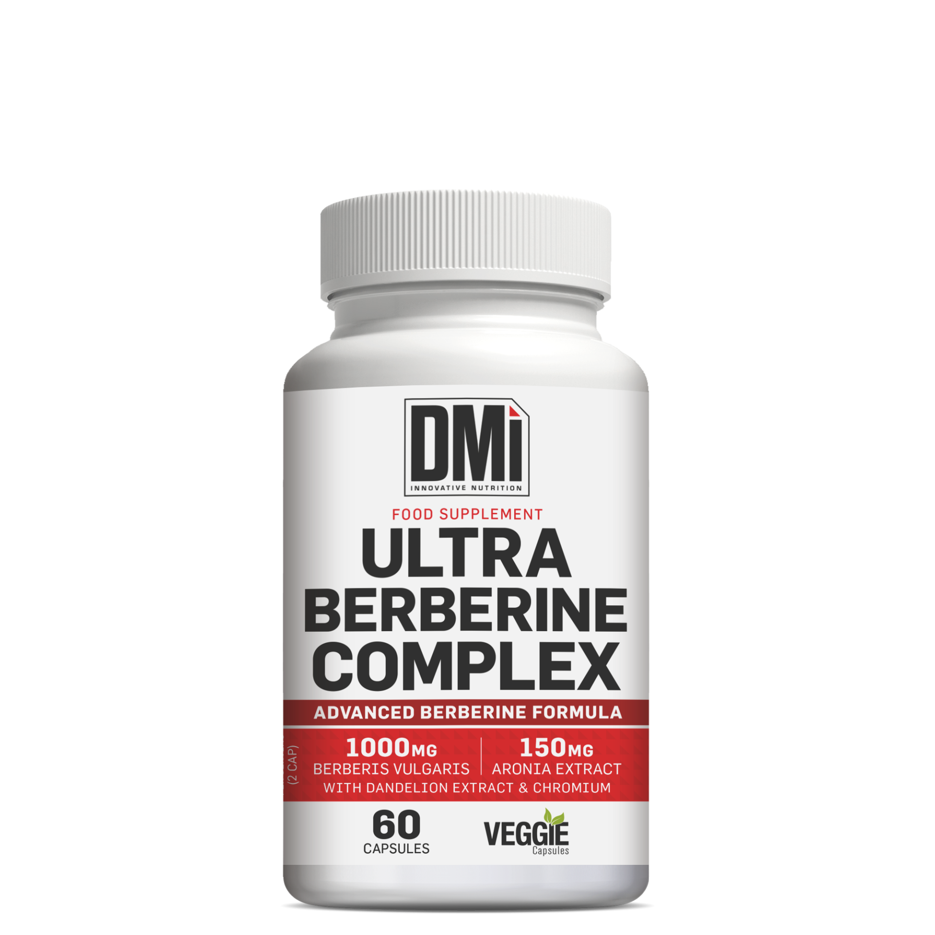 Frasco branco de suplemento Ultra Berberine Complex da DMi com rótulo branco e vermelho