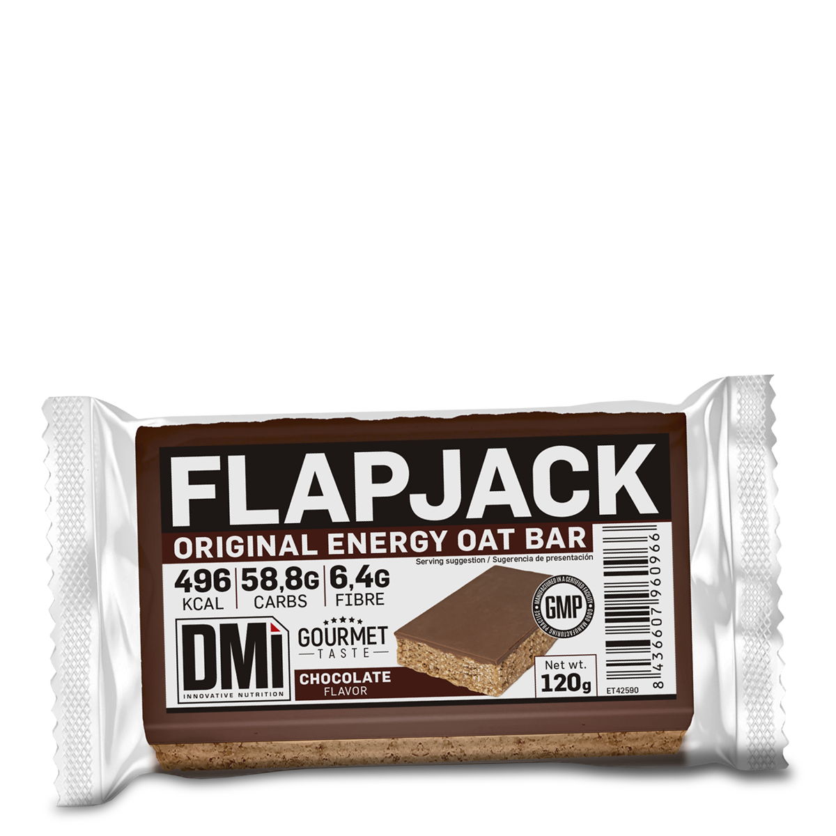 Barra energética Flapjack de aveia sabor chocolate em embalagem branca e castanha