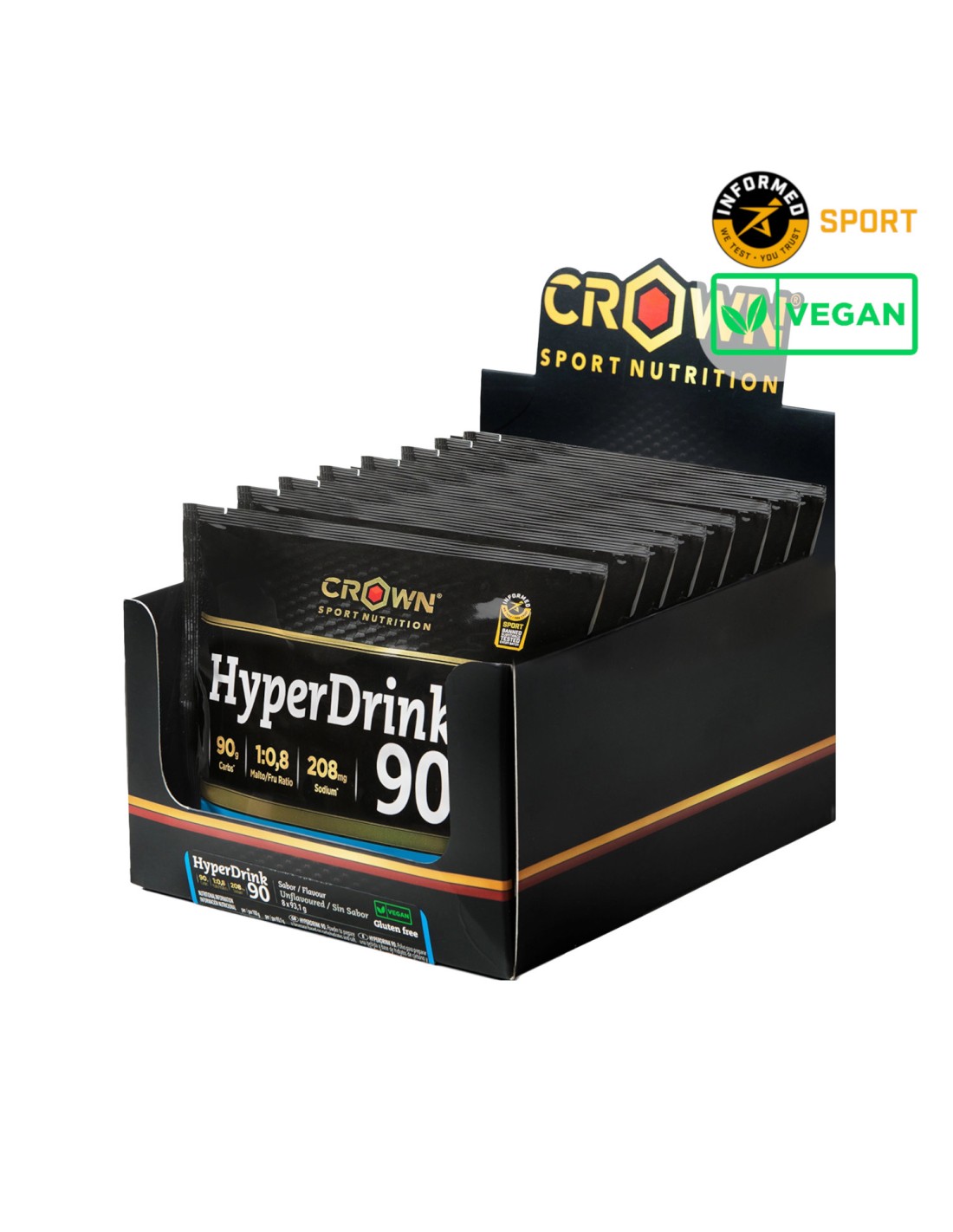 Embalagem preta de suplemento desportivo HyperDrink 90 da marca Crown com 12 unidades, selo Vegan e Informed Sport