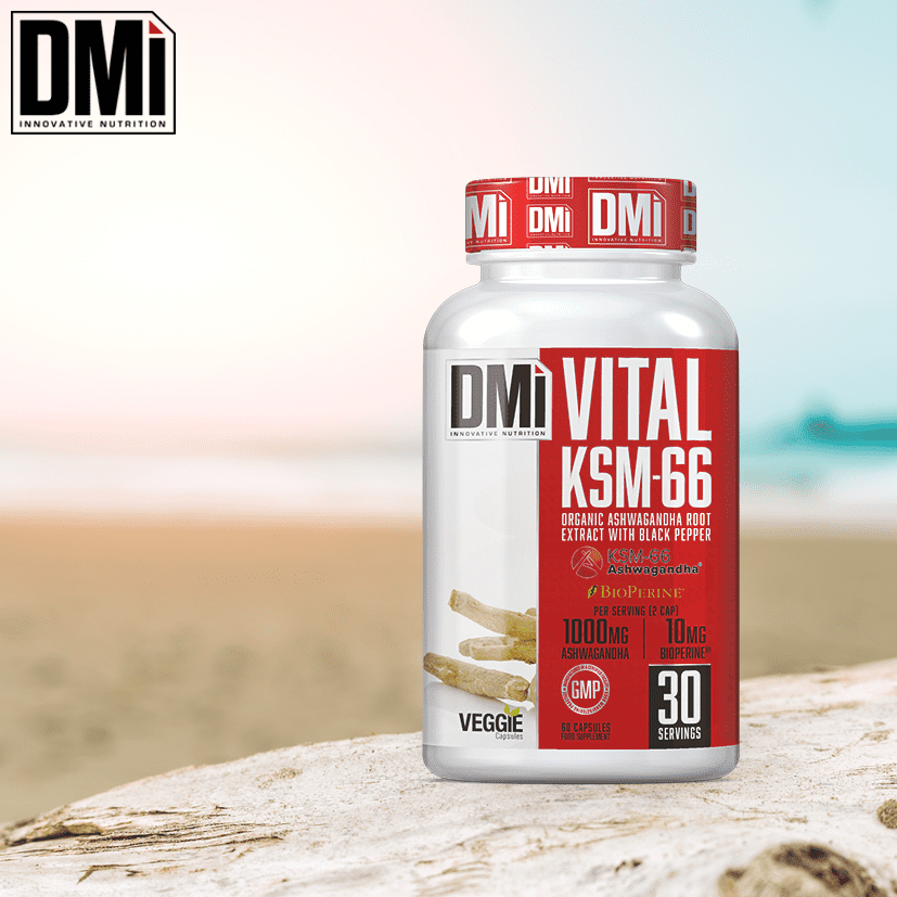 Suplemento Vital KSM-66 da DMi em frasco branco com rótulo vermelho
