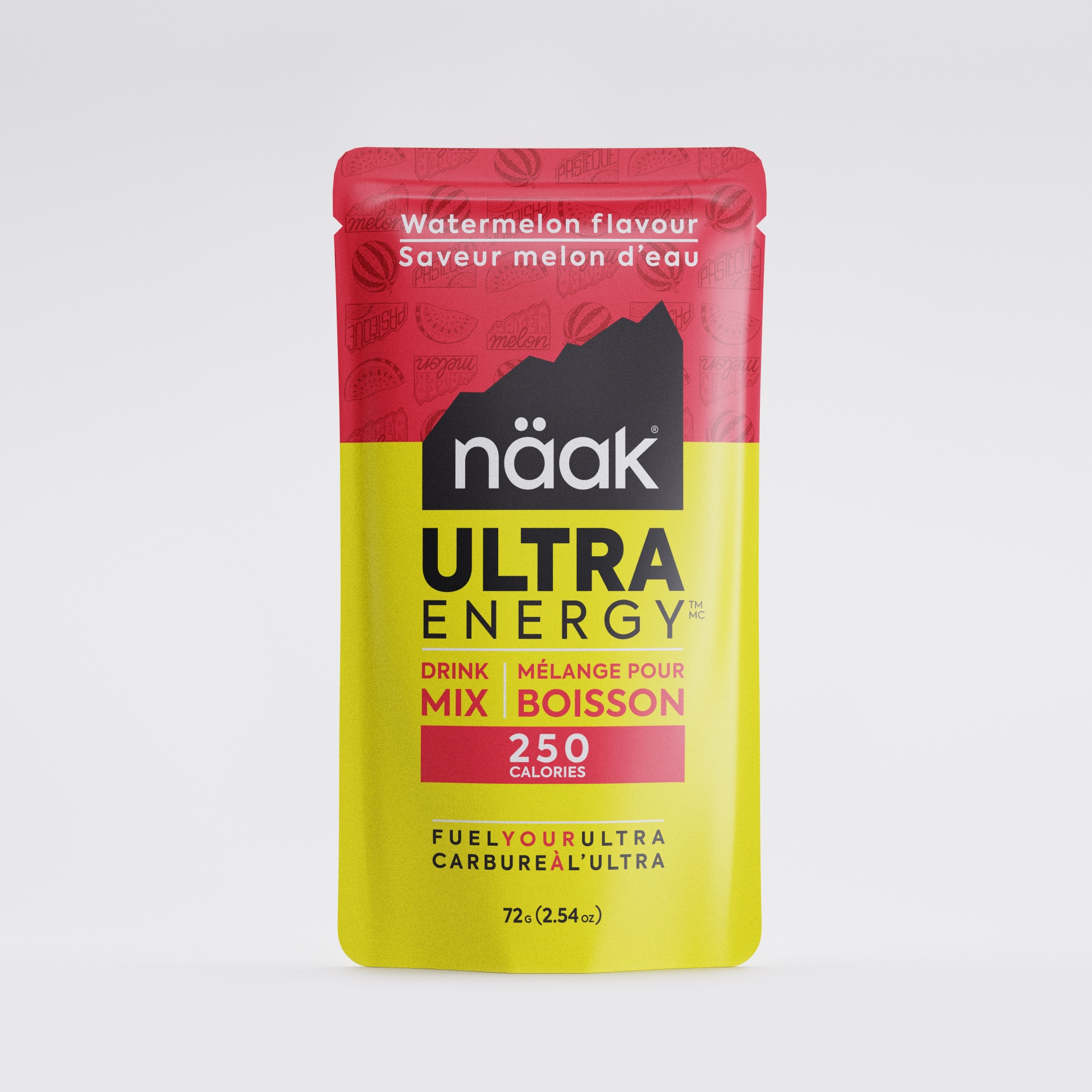 Saco flexível vermelho e amarelo de mistura para bebida näak ULTRA ENERGY sabor melancia
