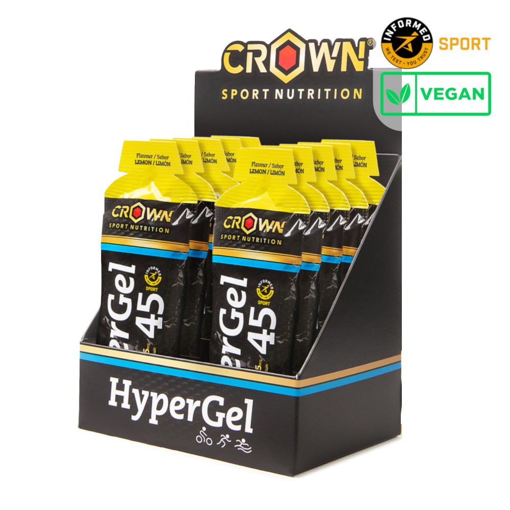 Pacote preto de HyperGel 45 Kg da Crown Sport Nutrition em expositor preto com logos 