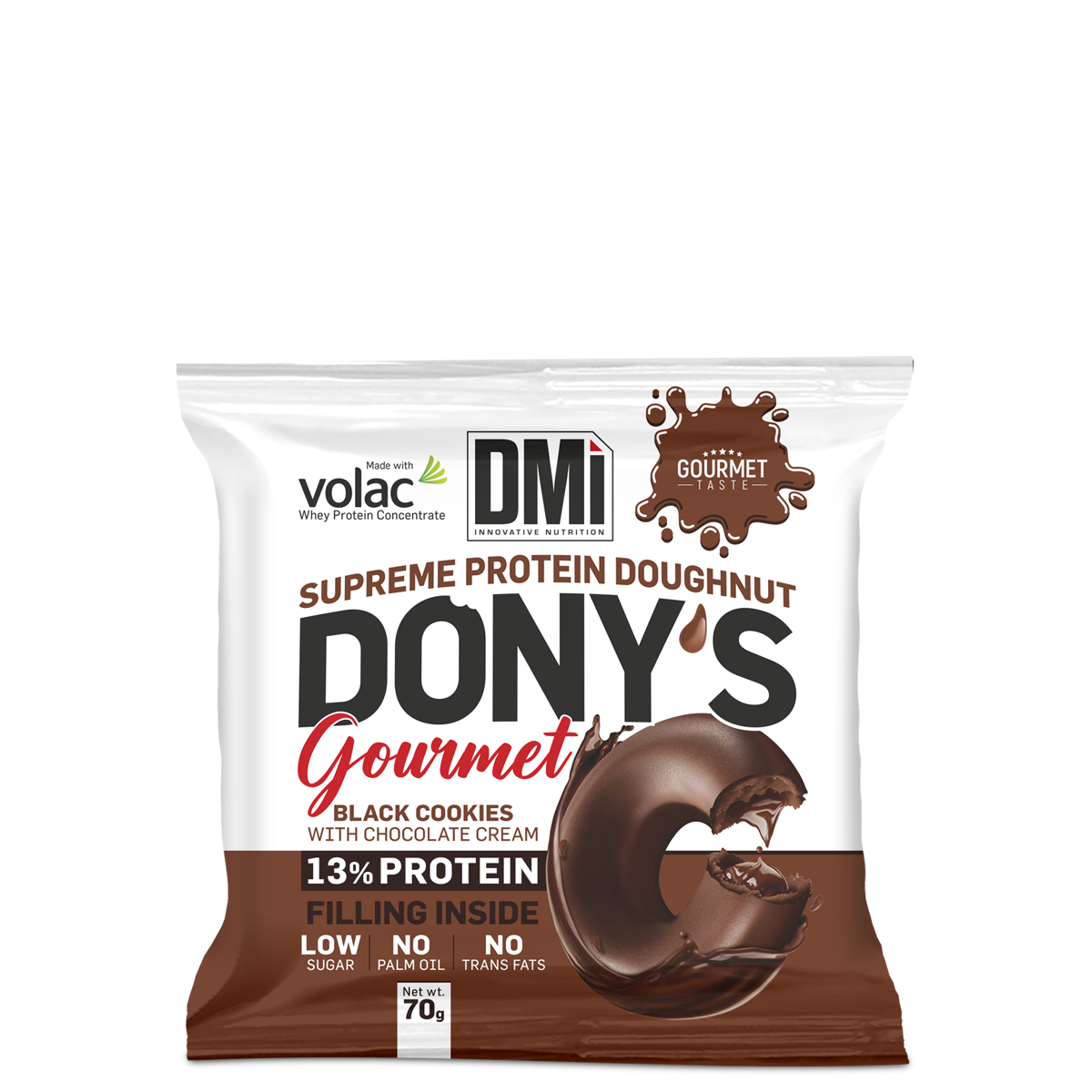 Barra proteica Dony's Gourmet Supreme Protein Doughnut sabor Black Cookies com creme de chocolate em embalagem branca e castanha