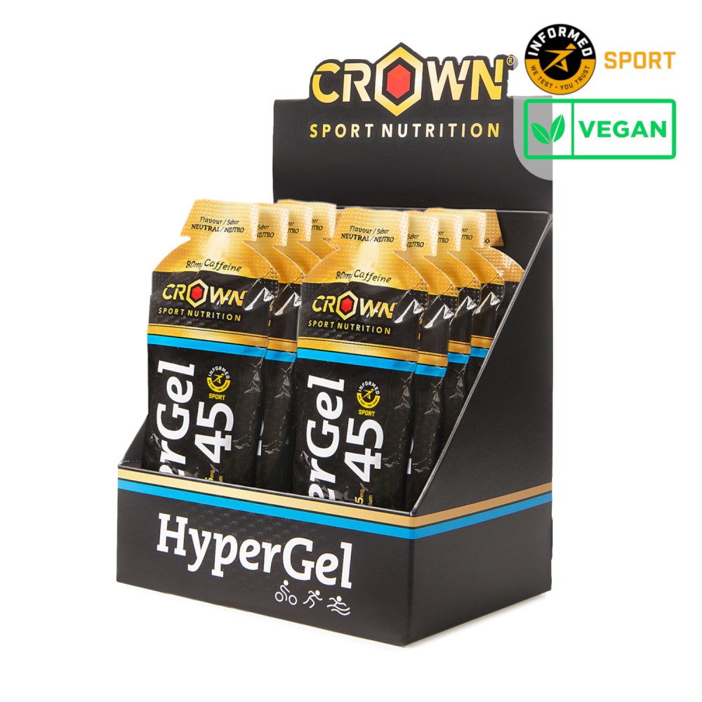 Caixa com pacotes de gel energético Crown HyperGel 45 preto e amarelo