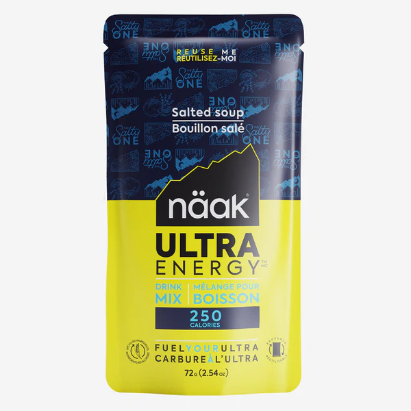 Embalagem de sopa salgada Näak Ultra Energy em amarelo e azul com texto e gráficos.