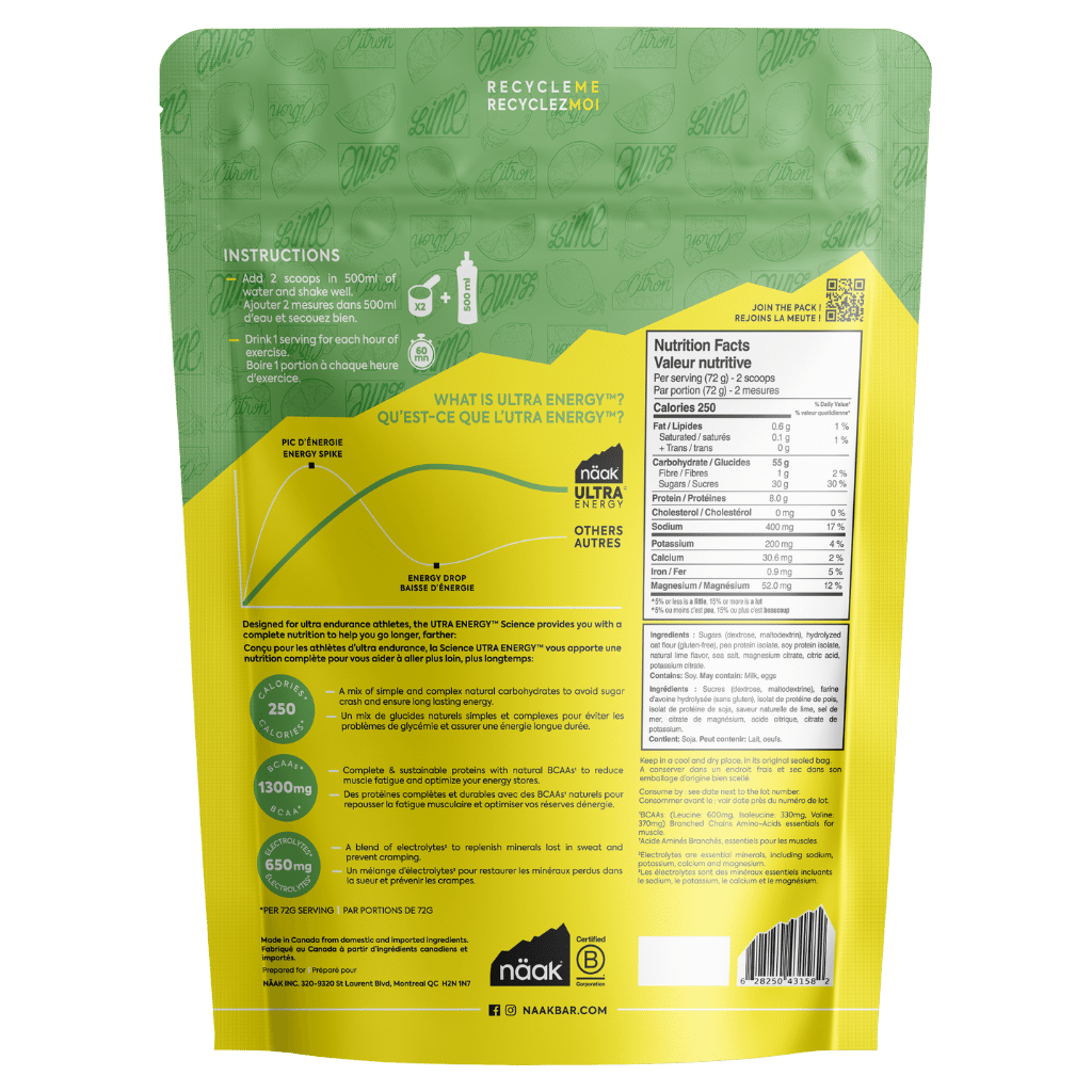 Embalagem de suplemento alimentar amarelo e verde com texto e gráficos nutricionais.