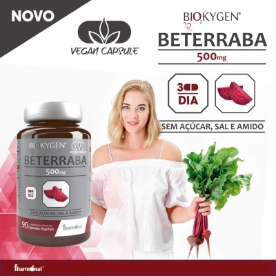 Suplemento alimentar cápsulas de beterraba BioKgygen 500mg com mulher segurando beterrabas frescas