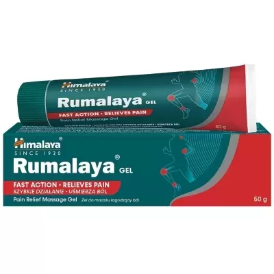 Gel Rumalaya 50g da Himalaya para alívio da dor em embalagem verde, cinza e vermelho