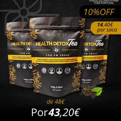 Embalaagens pretas de chá Health Detox Tea da NUTRITE+ com texto amarelo e branco e oferta promocional
