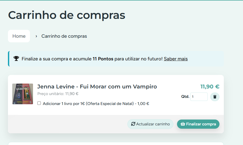 Página de carrinho de compras com livro 'Fui Morar com um Vampiro' de Jenna Levine a 11,90 €.