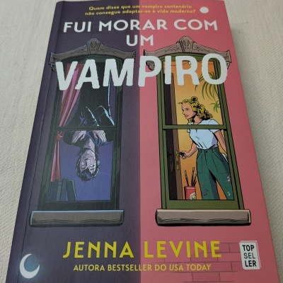 Livro 'FUI MORAR COM UM VAMPIRO' com ilustração de janelas e personagens na capa