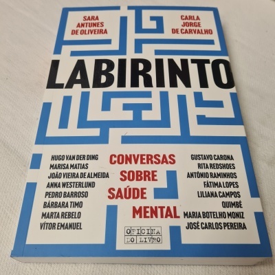 Capa do livro 'LABIRINTO - Conversas Sobre Saúde Mental' com nomes de autores em azul, preto e vermelho.
