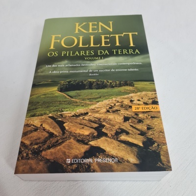 Capa do livro Os Pilares da Terra de Ken Follett com imagem de terreno rochoso