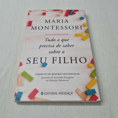 Capa do livro 'Tudo o que precisa de saber sobre o seu filho' de Maria Montessori com elementos coloridos ao fundo