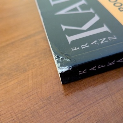 Canto danificado de um livro com capa dura verde escura sobre uma mesa de madeira