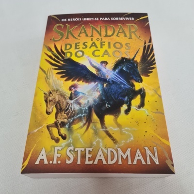 Capa do livro Skandar e os Desafios do Caos com ilustração de dois cavalos alados e dois cavaleiros