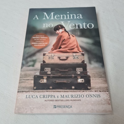 Capa do livro A Menina no Vento com menina sentada em malas antigas