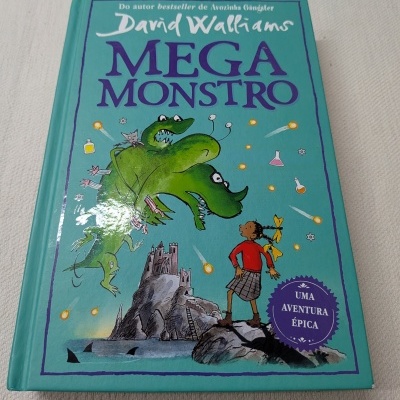 Capa de livro infantil Mega Monstro com ilustração de monstro verde e criança junto a castelo no rochedo.